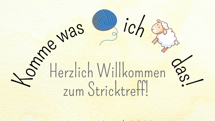 **Einladungsplakat für ein deutsches Strick-Treffen am 13. Juli 2026 mit Strickwerkzeugen und Schaf-Illustration.**