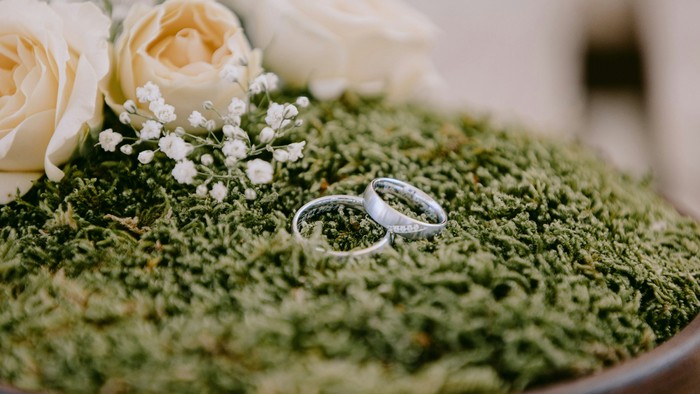 Zwei silberne Ringe auf grünem Moos mit weißen Blumen.