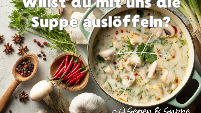 Bild, das dazu einlädt, beim Ausschenken der Suppe zu helfen, umgeben von frischen Zutaten und Gewürzen.