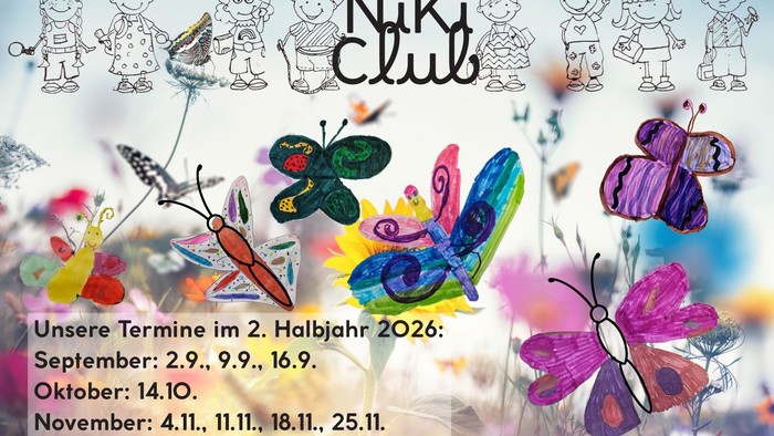 Ein buntes Plakat mit den Terminen der zweiten Jahreshälfte 2026 für die Nikl-Club-Sessions, gestaltet mit Kinder-Schmetterlingskunst.