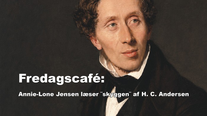 Portræt af en mand med tekst om Annie-Lone Jensen, der læser Andersens *