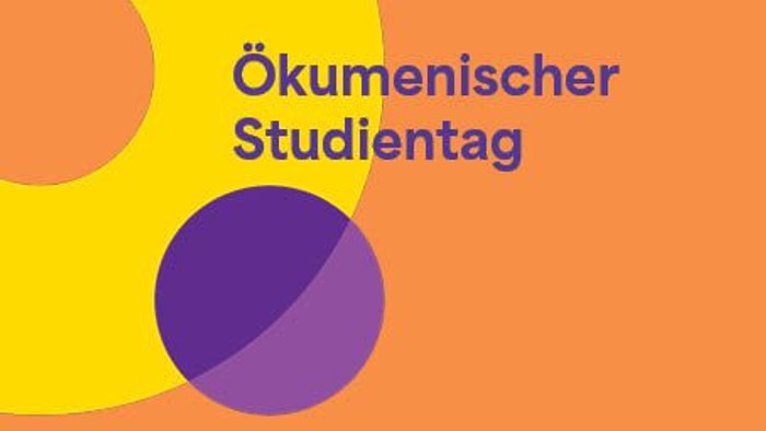 Farbiges Logo für den Ökumenischen Studientag mit abstrakten Formen und Text auf Deutsch.