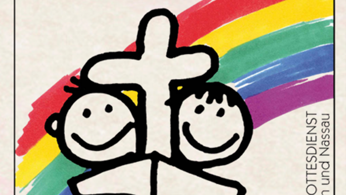Ein farbenfrohes Logo mit zwei Kindern vor einem Regenbogen-Hintergrund und dem Text *„Kirche mit Kindern“*, das kirchliche Aktivitäten für Kinder bewirbt.