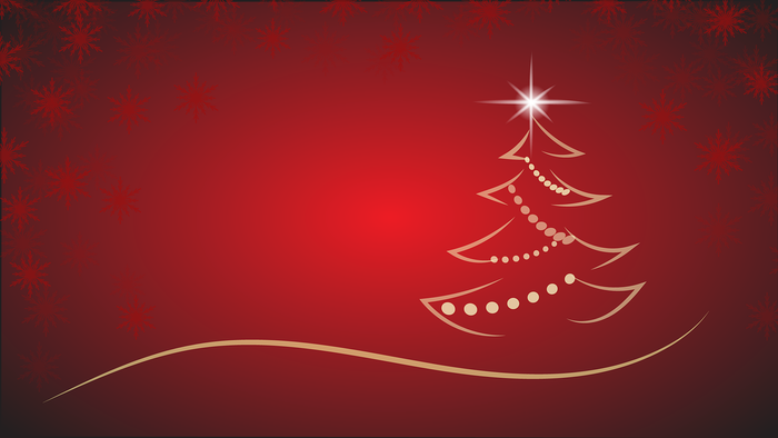 Ein goldener Weihnachtsbaum vor rotem Hintergrund mit Sternen