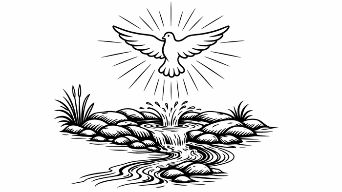 Eine Taube senkt sich über einen ruhigen Teich, umgeben von Schilf, und strahlt friedvolles Licht aus.