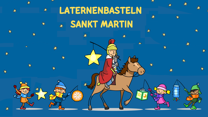 Gezeichneter Martinsumzug mit Reiter im roten Mantel, mit Helm und Laterne in Form eines Sterns. Vier Kinder mit Laternen. Viele leuchtende Sterne im Nachthimmel.