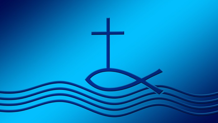 Symbolisches Design mit einem Kreuz über einem Ichthys (Fisch) auf einem wellenförmigen blauen Hintergrund.