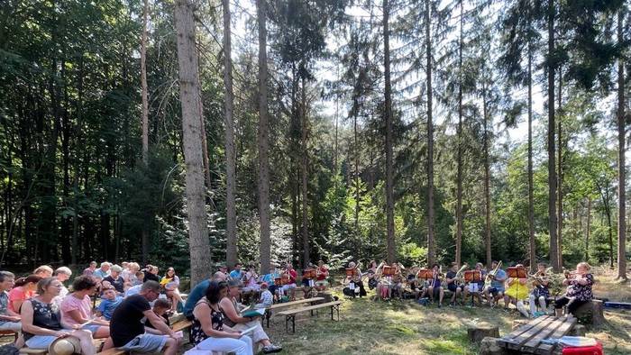 Eine Gruppe von Menschen sitzt im Freien auf Bänken und Baumstämmen in einem Wald und hört einem Redner zu.