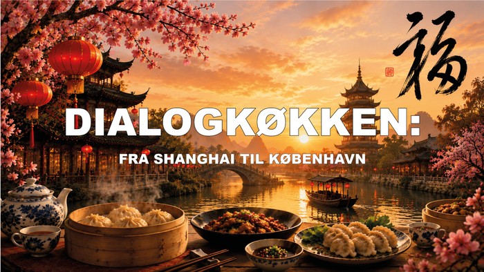 En levende scene, der viser den kinesiske køkkens rejse fra Shanghai til København, fremhævet af traditionelle retter og kulturelle elementer.