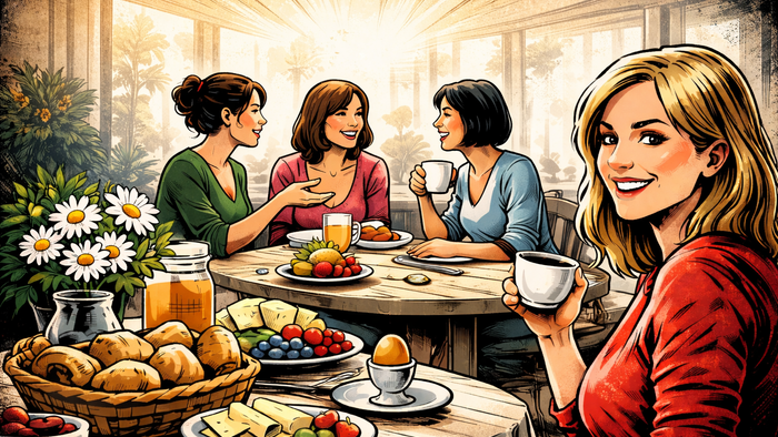 Vier fröhliche Frauen genießen gemeinsam ein sonniges Frühstück mit frischen Speisen und Getränken an einem gemütlichen Tisch.