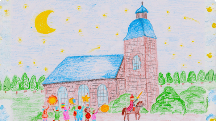 Eine verspielt nächtliche Szene mit Kindern, einem Ritter zu Pferd und einer charmanten Kirche unter einem sternenklaren Himmel.