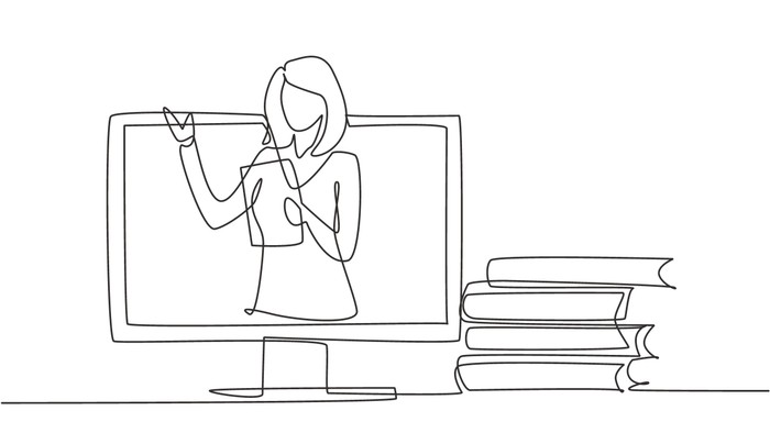 Eine Frau auf einem Computerbildschirm, die ein Handy neben gestapelten Büchern hält.