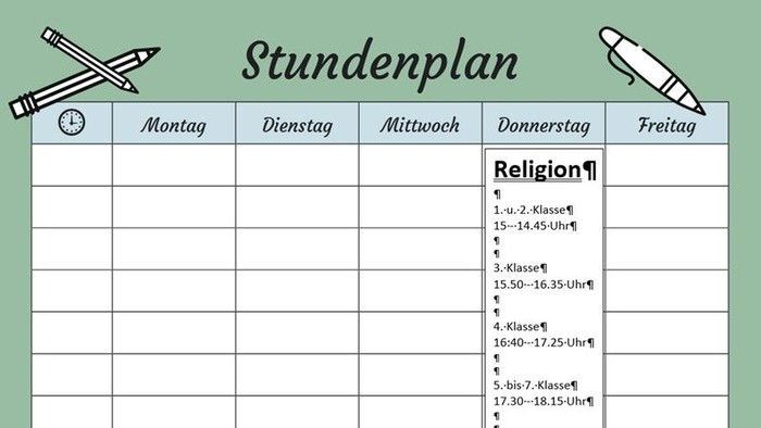 Wöchentlicher Schulplan für den Religionsunterricht am Donnerstag mit unterschiedlichen Zeitfenstern für verschiedene Klassenstufen.