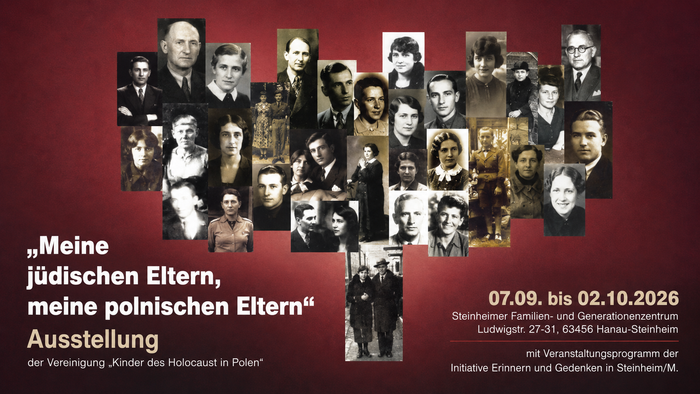 Eine rote Ausstellungsgrafik zeigt historische Schwarz-Weiß-Porträts, daneben stehen Titel, Zeitraum und Veranstaltungsort der Ausstellung.