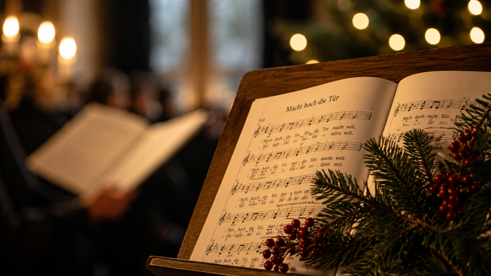 Ein aufgeschlagenes Chorliederbuch liegt auf einem mit Tannenzweigen und roten Beeren geschmückten Notenständer, während im Kerzenlicht einer Kirche ein Chor im Hintergrund singt.