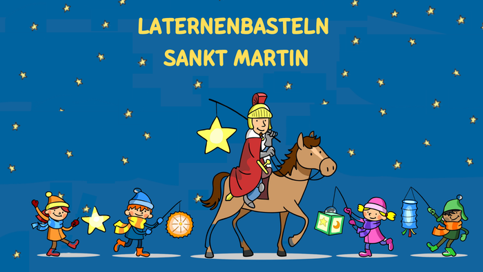 Gezeichneter Martinsumzug mit Reiter im roten Mantel, mit Helm und Laterne in Form eines Sterns. Vier Kinder mit Laternen. Viele leuchtende Sterne im Nachthimmel.