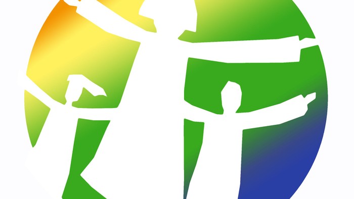 Bunter Globus mit Silhouetten von Menschen in unterstützenden, miteinander verbundenen Posen, die globale Einheit und Zusammenarbeit symbolisieren.