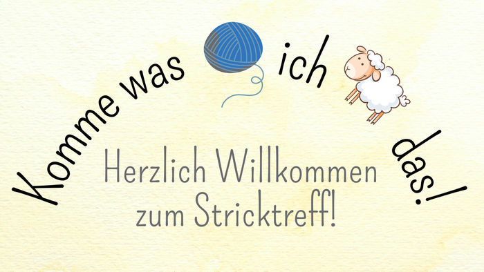 **Einladungsplakat für ein deutsches Strick-Treffen am 13. Juli 2026 mit Strickwerkzeugen und Schaf-Illustration.**