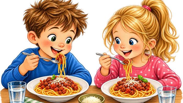 To glade børn spiser glad spaghetti med kødboller ved et hyggeligt bord.