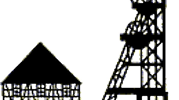 Ein Schwarz-Weiß-Diagramm eines Hauses, das mit einem Netzwerk aus Rohren und Ventilen verbunden ist.
