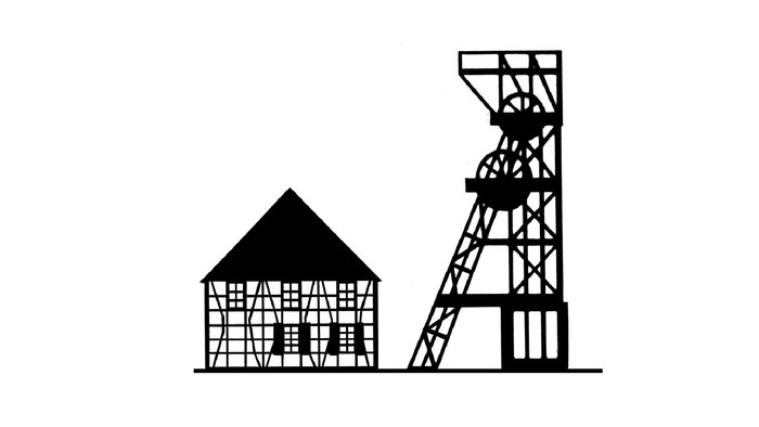 Schwarz-Weiß-Illustration eines Kohlebergwerks mit einem Haus und einem hohen Fördergerüst.