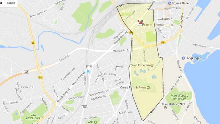 Billedet viser en kort over Saint Lukas Sogn i København med veje og nærliggende områder.