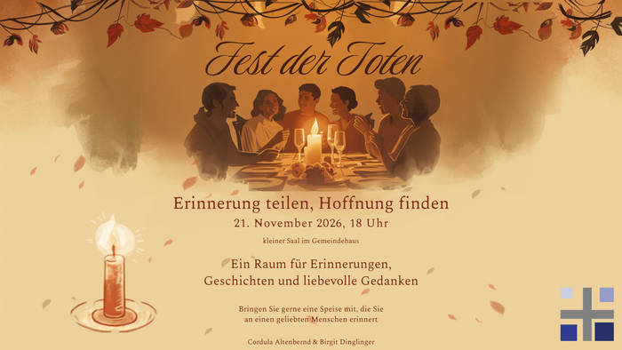 Einladungsplakat für die Veranstaltung „Tag der Toten“ mit Gedenken, Geschichten teilen und Hoffnung am 21. November 2026.