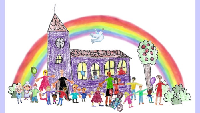Buntes Kinderbild einer fröhlichen Kirche mit einer Menschenmenge, Regenbogen und fliegender Taube.