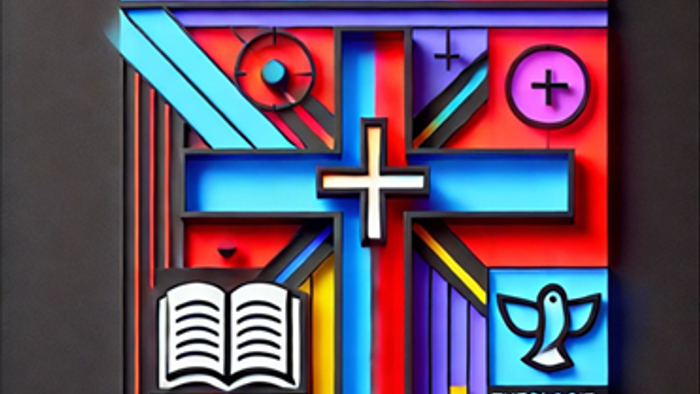 Das Bild zeigt ein farbenfrohes Design mit einem Kreuz, einem Buch und einer Taube, betitelt *„Theologie im Bonhoeffer Haus“*.