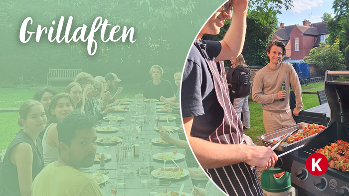 En livlig udendørs grillfest med folk, der griller og nyder mad sammen i en baghave.