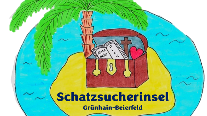Ein Koffer mit Strandutensilien auf einer Insel mit Palmen und Wellen, beschriftet mit 