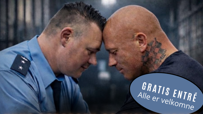 Et foredragsplakat med to mænd, der diskuterer fængselsreform og personlig forandring den 7. oktober.