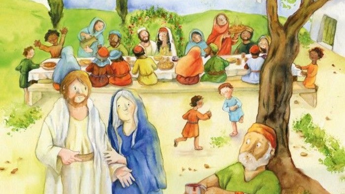 Illustriertes Kinderbuchcover, das Jesus zeigt, wie er während einer Erstkommunionsfeier ein festliches Mahl mit Jüngern und Dorfbewohnern teilt.