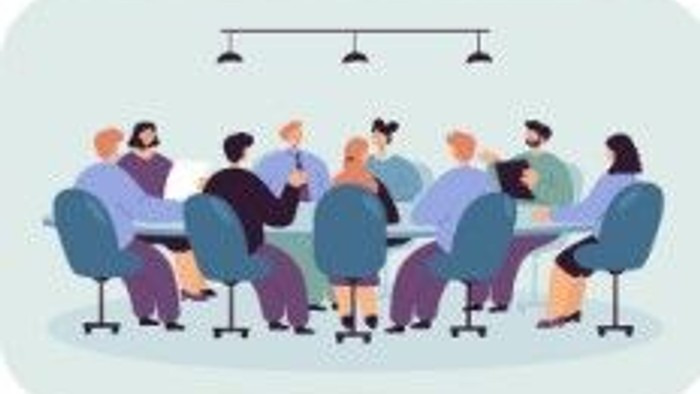 Illustration von 9 Menschen an einem großen runden Tisch.