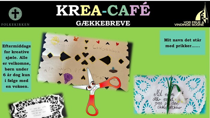 Kreativ påskekort-workshop for børn og voksne på Krea-Café i Vindinge med udstillede kreative materialer.