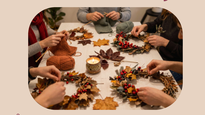 Ein Veranstaltungsplakat für ein „Unplugged: Craft & Cozy“-Treffen am 23. Oktober 2026 mit herbstlichen Bastelaktivitäten und einer gemütlichen Atmosphäre.