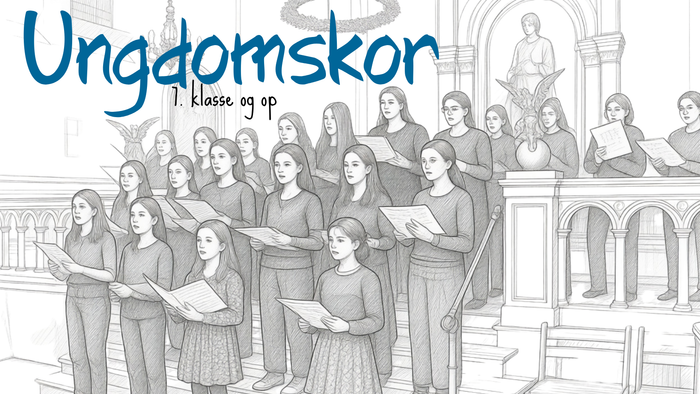 En ungdomskor for 7. klasse og opefter, der optræder i en kirke med noder.