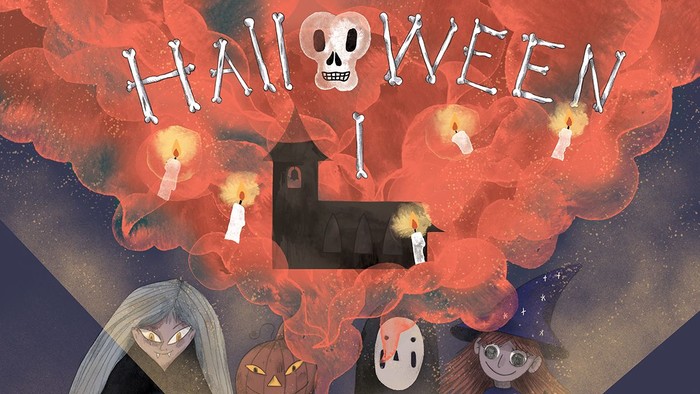 En gruppe skikkelser i Halloween-kostumer samles om en bålgrube med kålskaller.