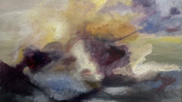 Impressionistisk maleri af urolige skyer og en stormfuld himmel med abstrakt, hvirvlende penselstrøg.