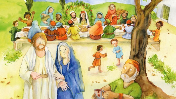 Illustrierte Szene von Jesus bei einer Erstkommunionfeier mit fröhlicher Versammlung und traditionellen Tonkrügen.