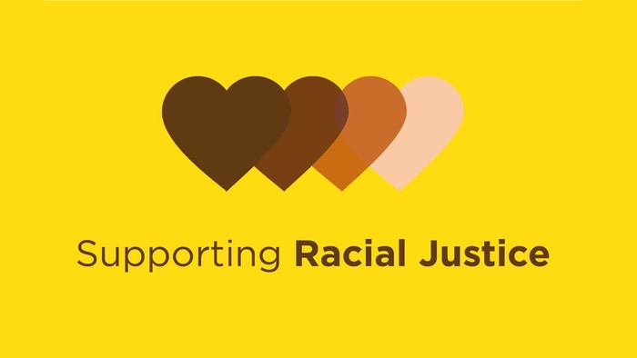 A graphic with three multicolored hearts and the text 