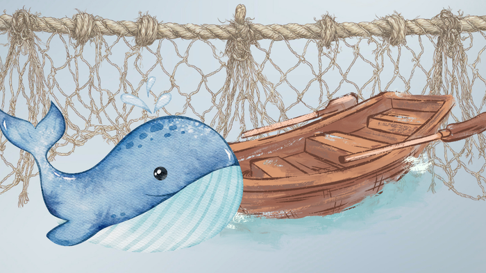 Ein Wal und ein Boot vor einem Fischernetz. Passend zum Thema Wasser, das sich durch diesen Gottesdienst zieht.