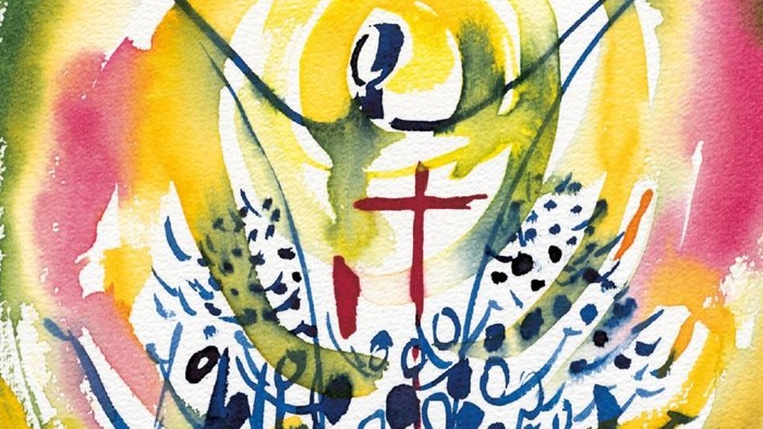 Lebendiges abstraktes Aquarell, das eine Kreuzigungsszene mit expressiven, stilisierten menschlichen Figuren darstellt.