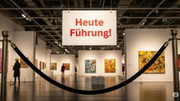 Blick in eine Galerie in der ein Schild hängt Heute Führung