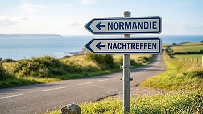 Wegweiser auf dem Normandie und Nachtreffen steht