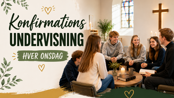 Konfirmander klar til undervisning. Fem konfirmander sidder om et rundt bord sammen med deres underviser.
