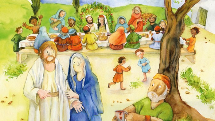 Illustrierte Szene von Jesus bei einer Erstkommunionfeier mit fröhlicher Versammlung und traditionellen Tonkrügen.