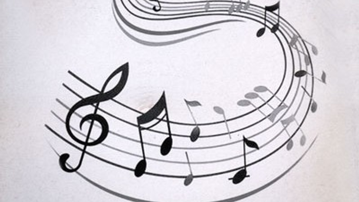 Billedet viser musikalske noter og symboler i svart-hvid.