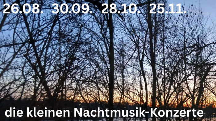 Plakatwerbung für kleine Nachtmusik-Konzerte mit klassischer Musik bei Kerzenschein, Improvisationen und musikalischen Gästen in der Lukaskirche.