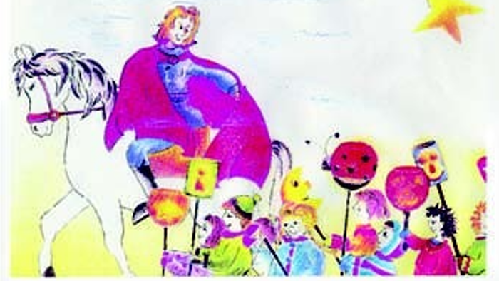 Eine verspielte Szene eines Hofnarren, der auf einem Pferd reitet und Kinder mit bunten Luftballontieren unter einem sternenklaren Himmel anführt.